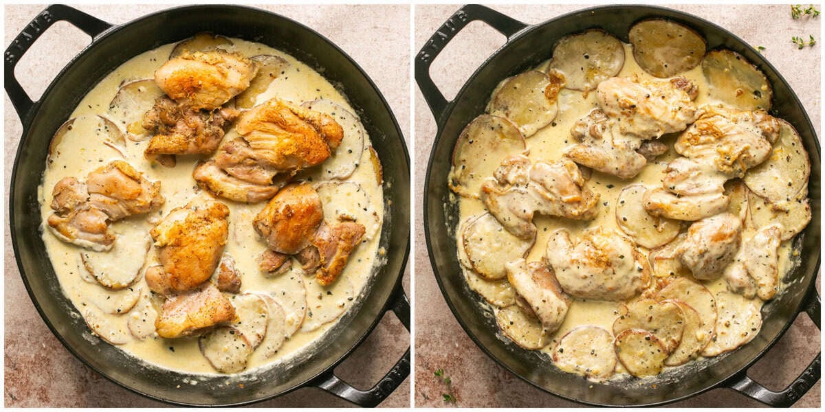 Steps 5-6 for preparing oven baked creamy garlic chicken and potatoes.