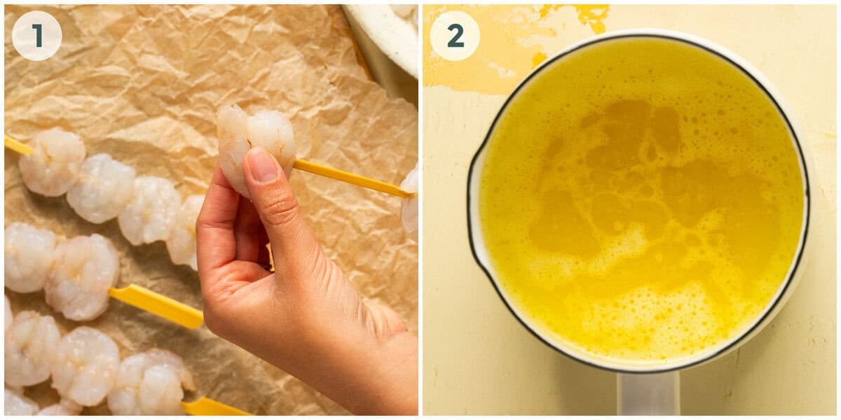 steps 1-2 for grilled lemon garlic butter shrimp skewers.
