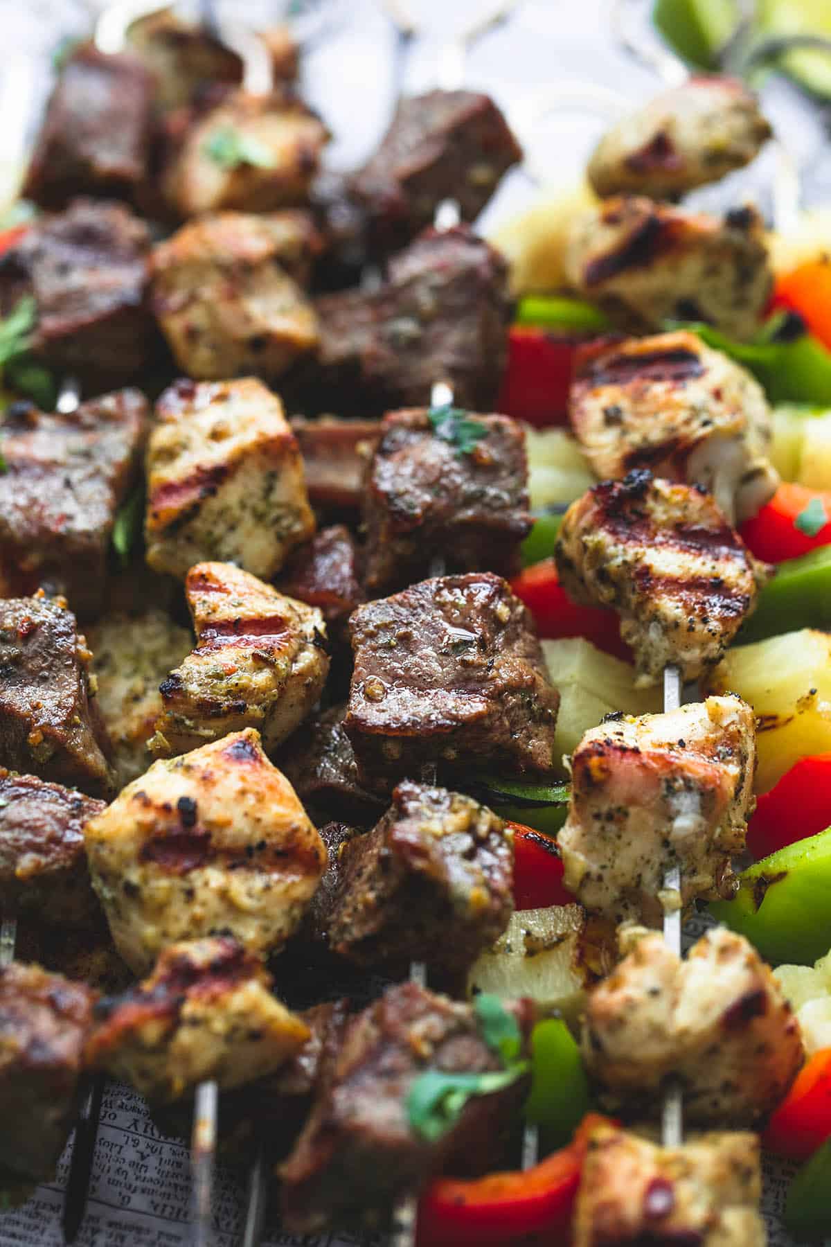 close up of Brazilian steak & chicken kabobs.