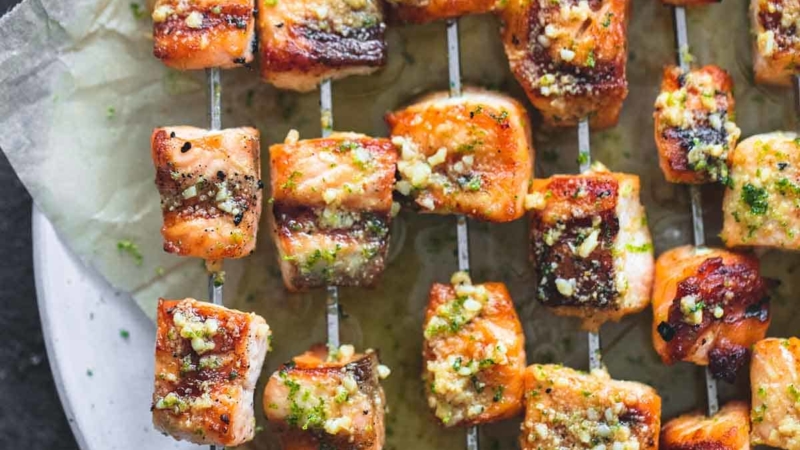 Grilled Lime Butter Salmon Skewers | lecremedelacrumb.com