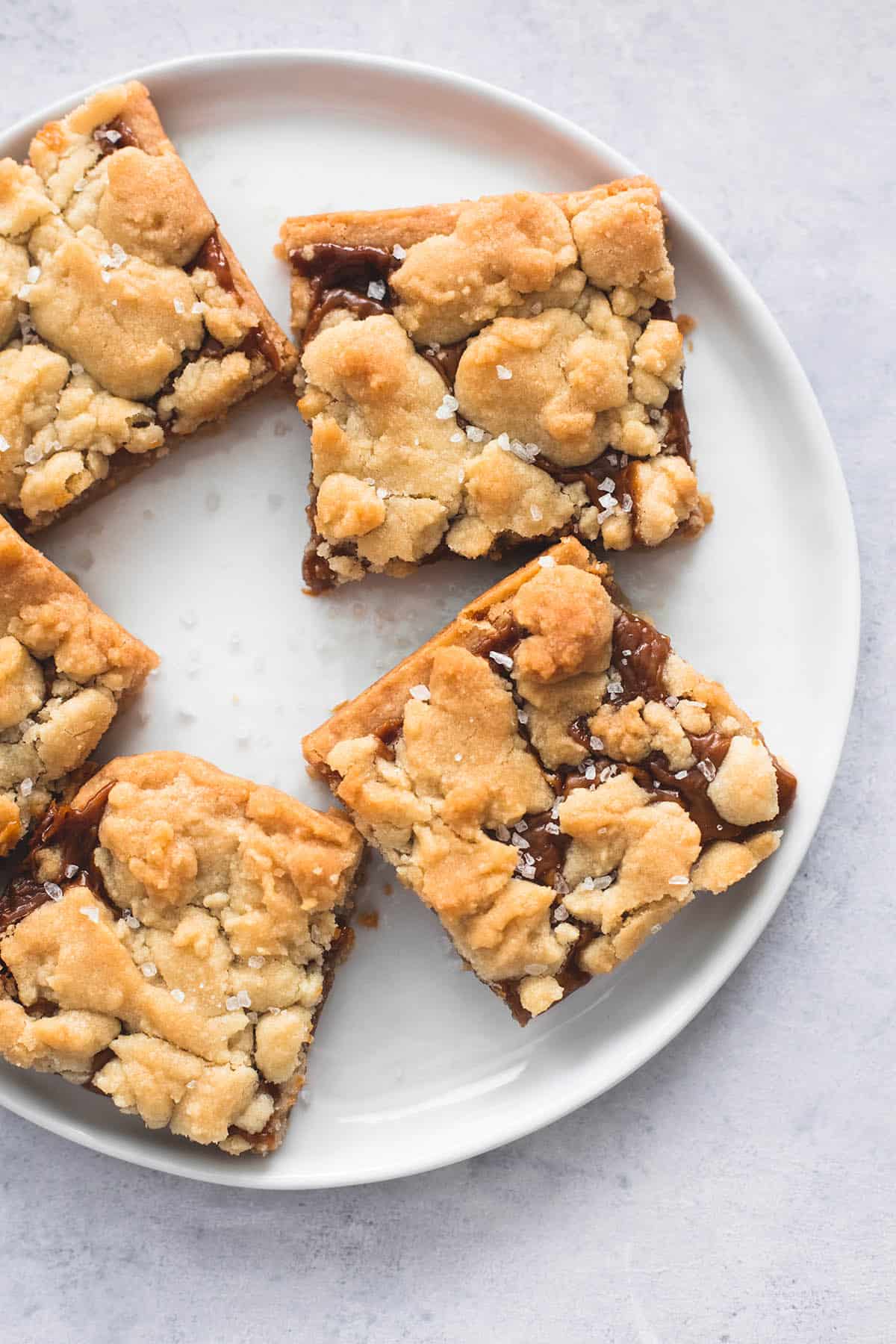 top view of caramel butter bars on a plate.