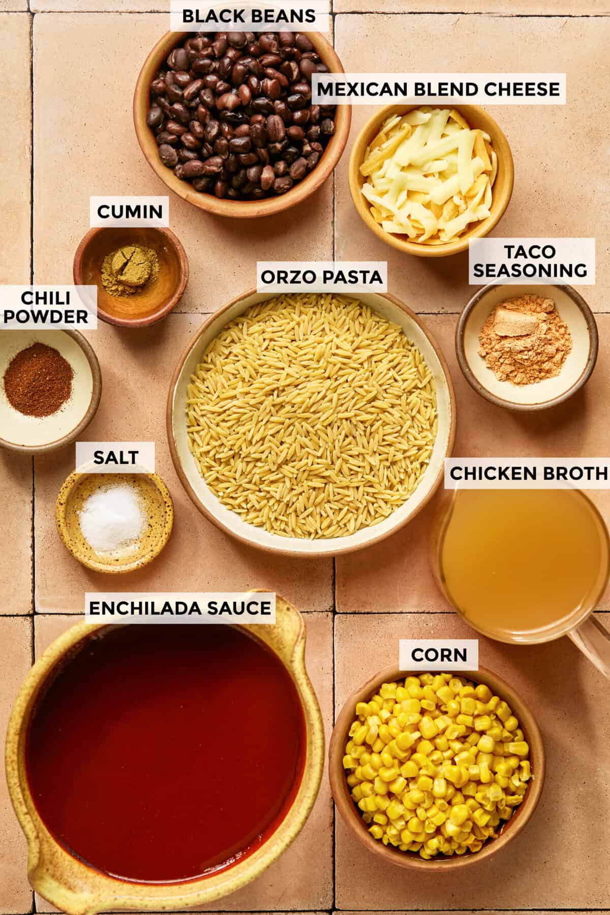 ingredients for enchilada orzo recipe.