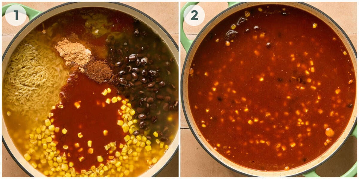 steps 1-2 for enchilada pasta orzo recipe.