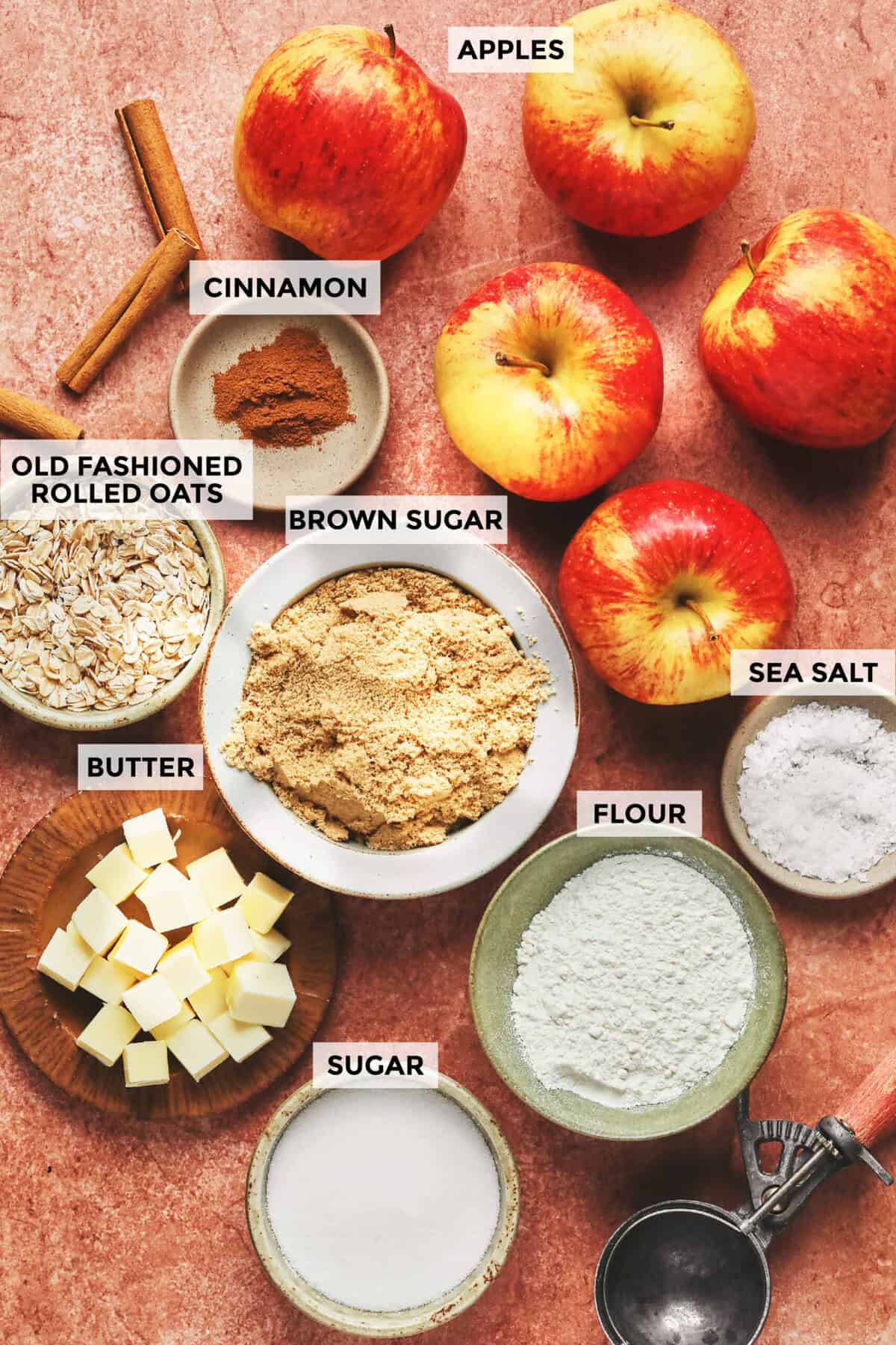 Ingredients for prepping apple crisp.