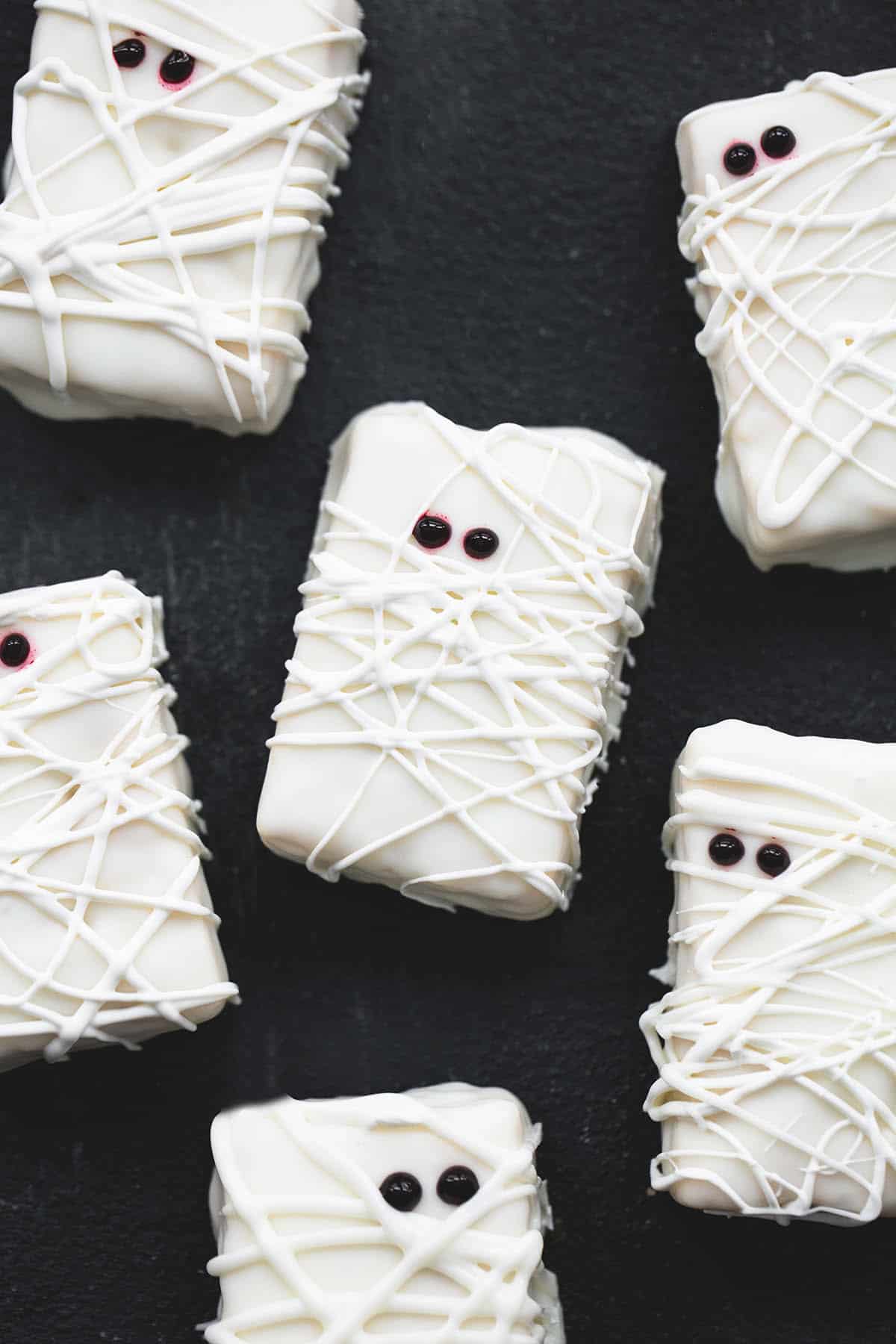 top view of rice krispie treat mummies.