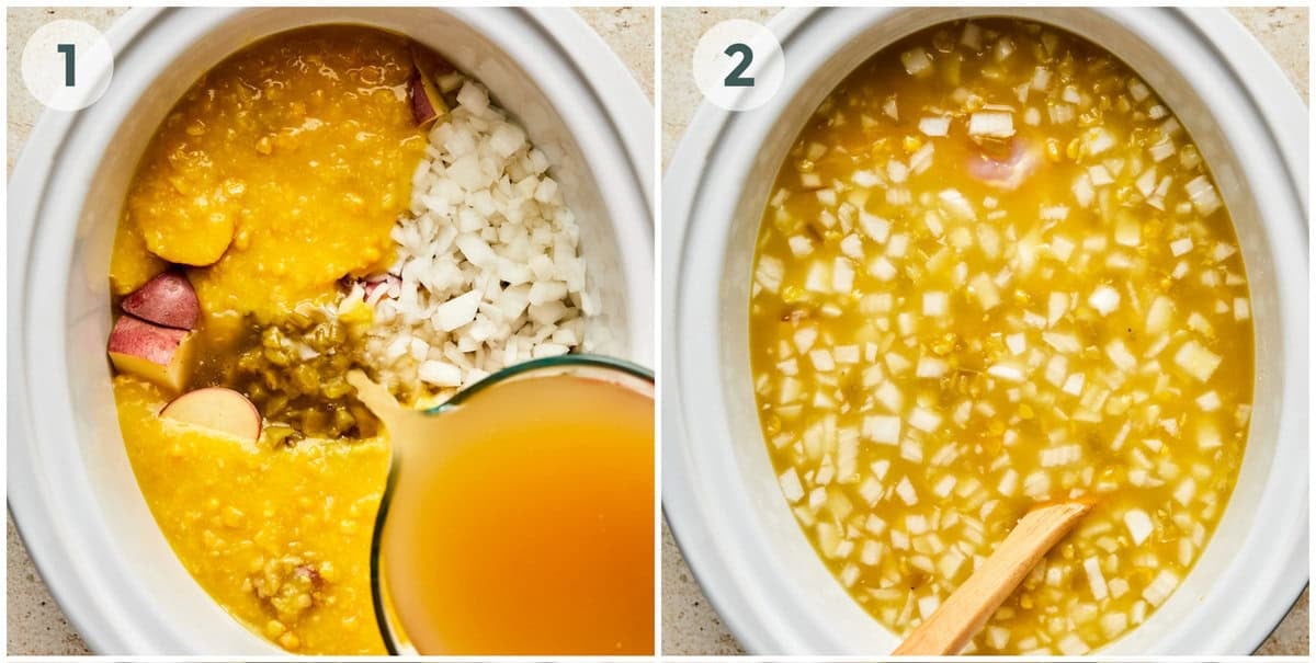 steps 1-2 for crockpot chicken corn chowder.