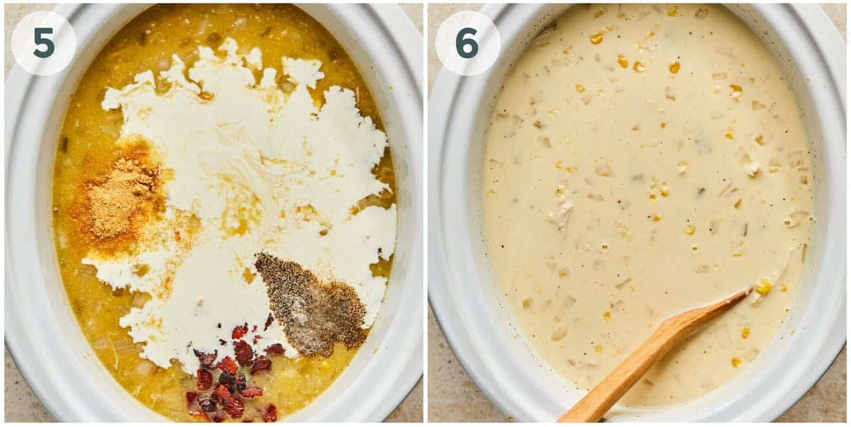 steps 5-6 for crockpot chicken corn chowder.