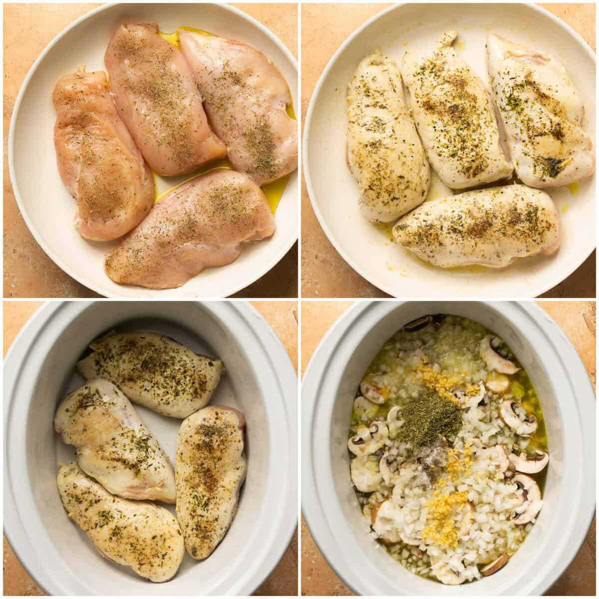 Steps 1-2 for prepping slow cooker parmesan herb chicken and orzo. 