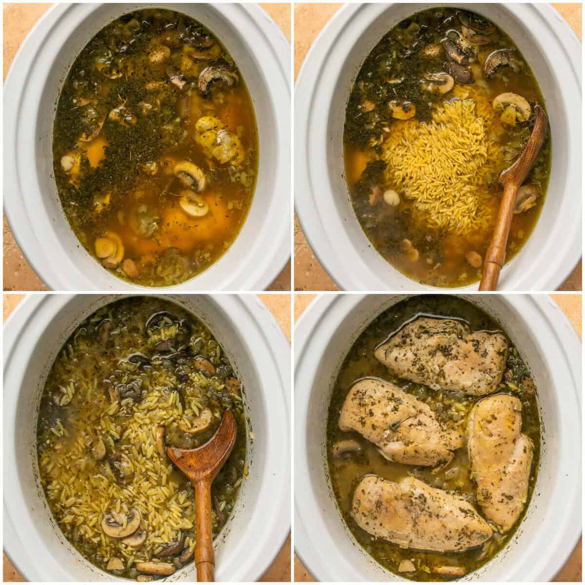 Steps 3-4 for prepping slow cooker parmesan herb chicken and orzo.