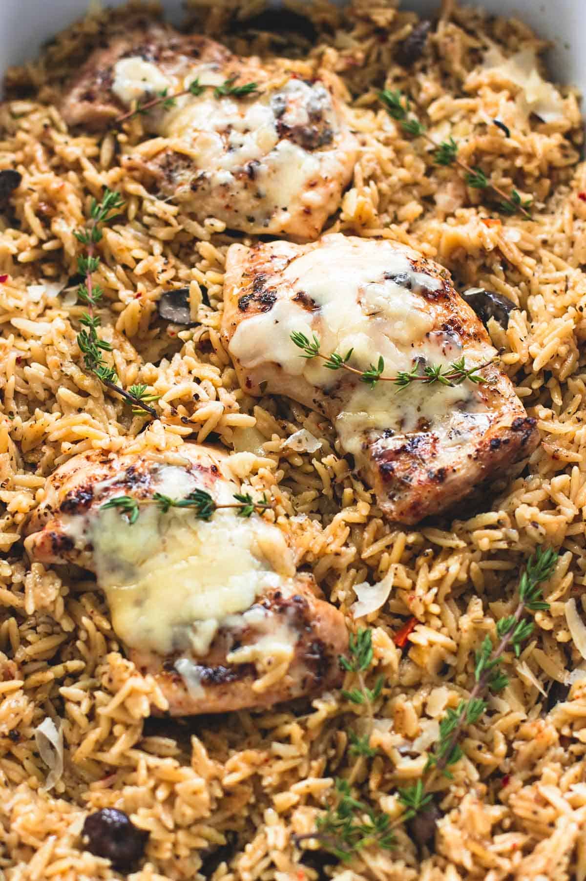 close up of slow cooker parmesan herb chicken & orzo.