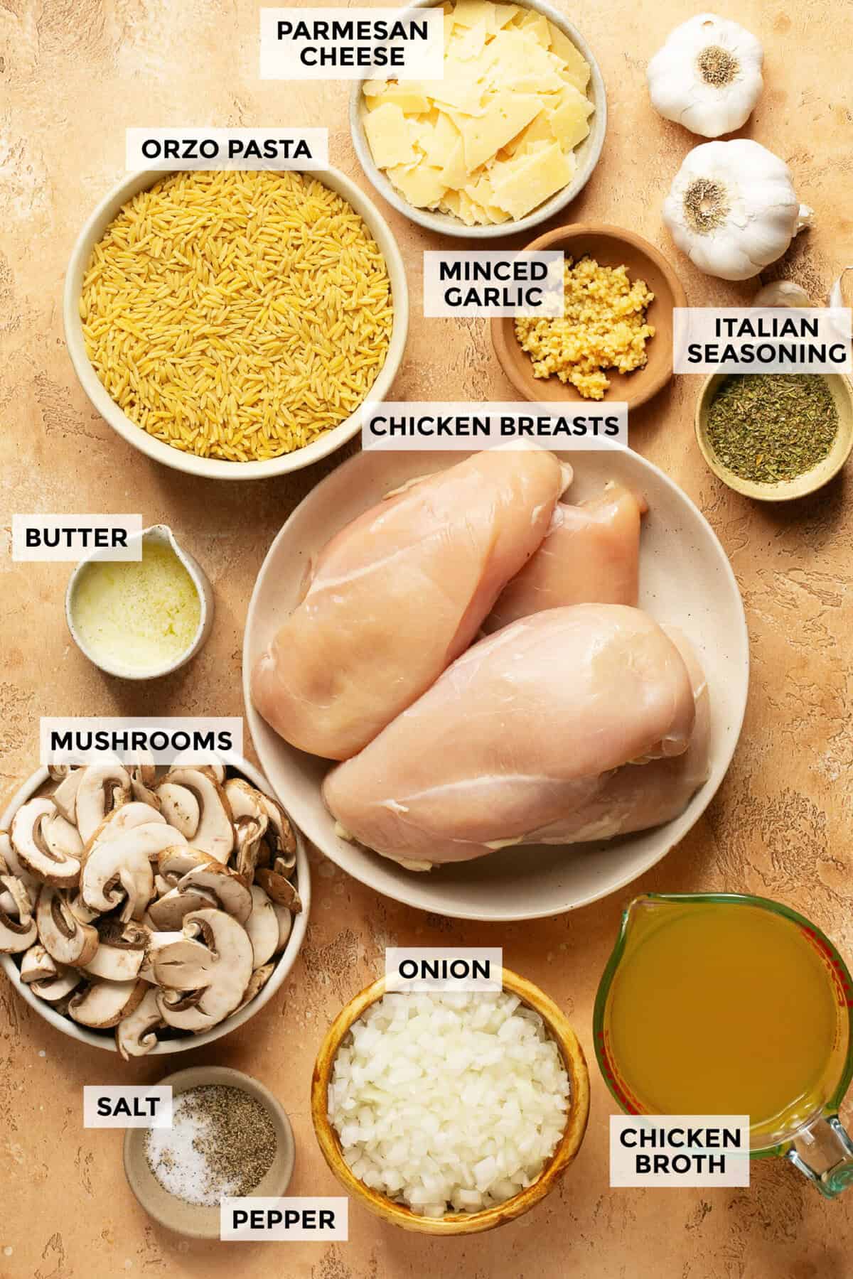 Ingredients for slow cooker parmesan herb chicken & orzo.