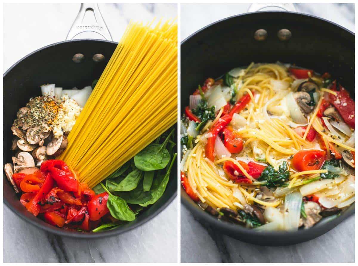 side by side images of creamy Tuscan garlic spaghetti ingredients uncooked and then cooked in a pan.