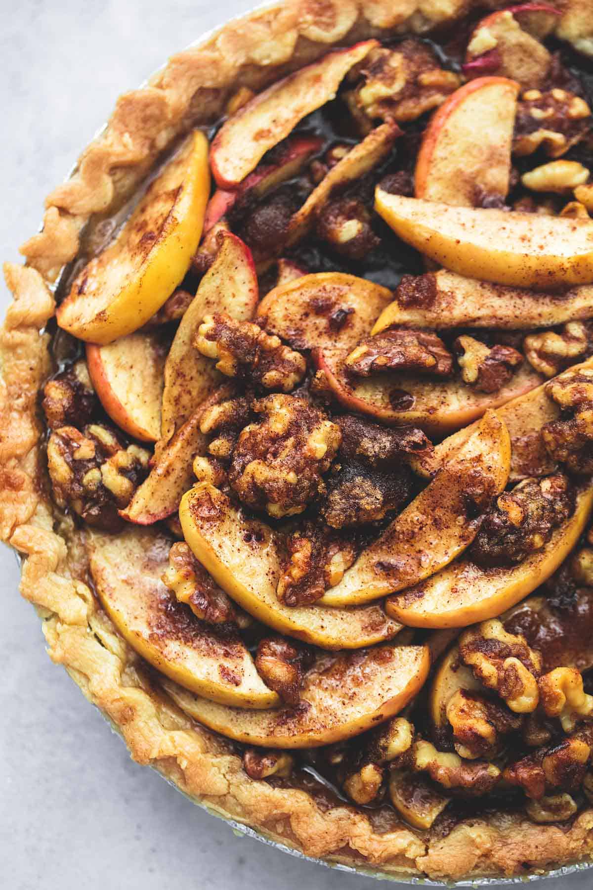 close up top view of brown sugar walnut apple pie.