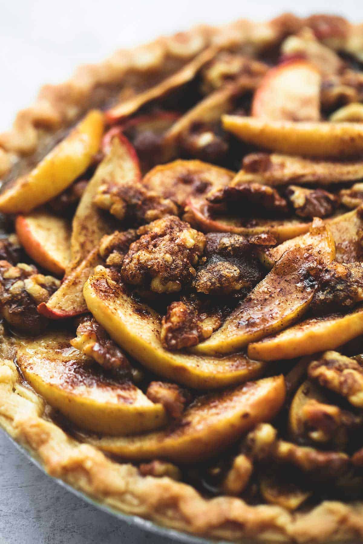 close up of brown sugar walnut apple pie.