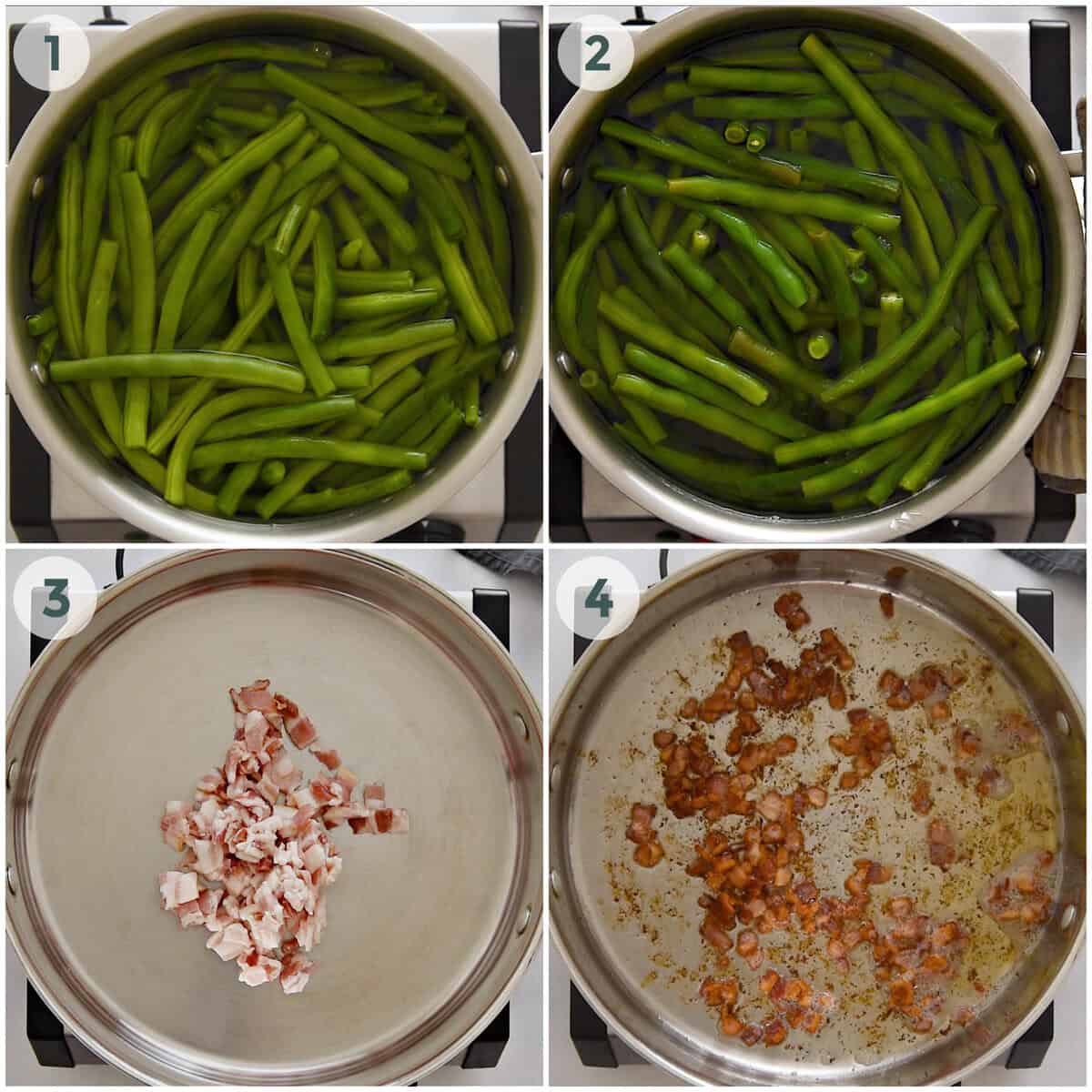 steps 1-4 for brown sugar green beans with bacon recipe
