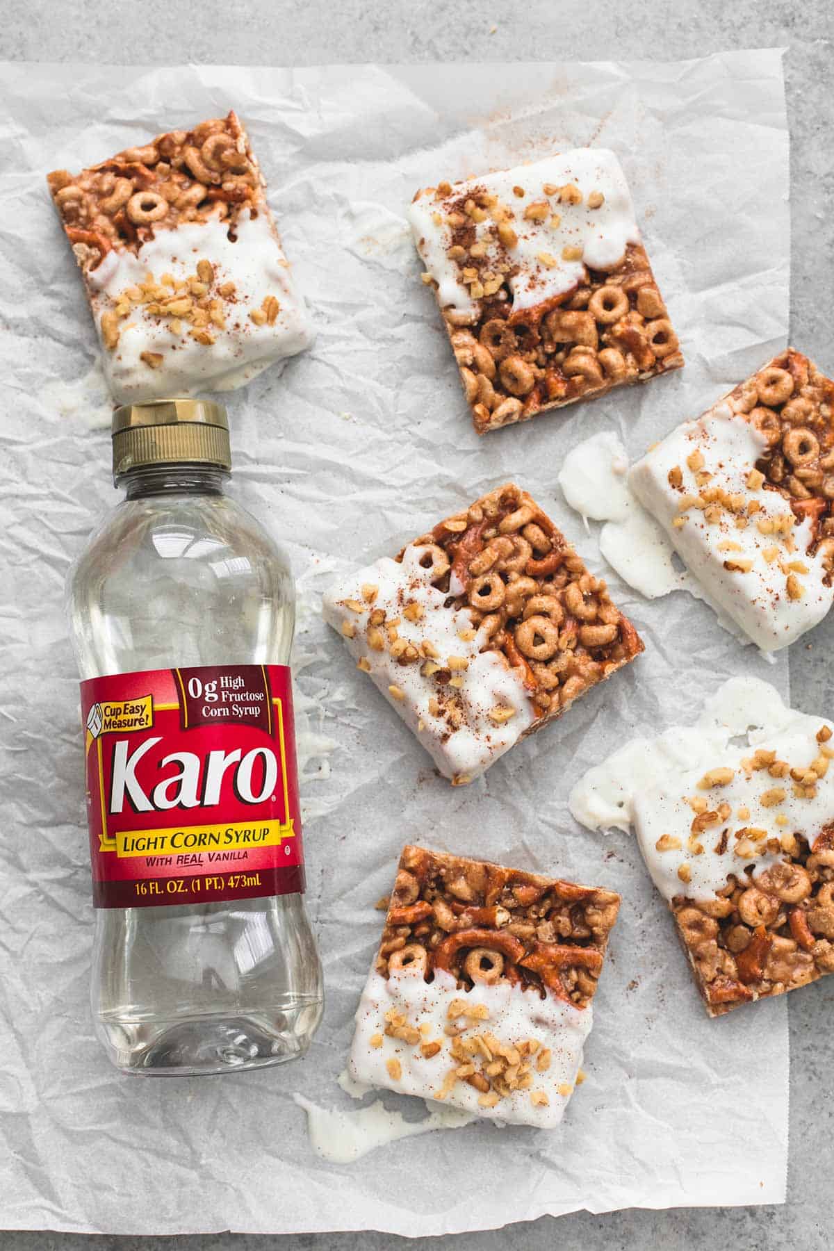 top view of pumpkinroos squares with a bottle of Karo on the side.