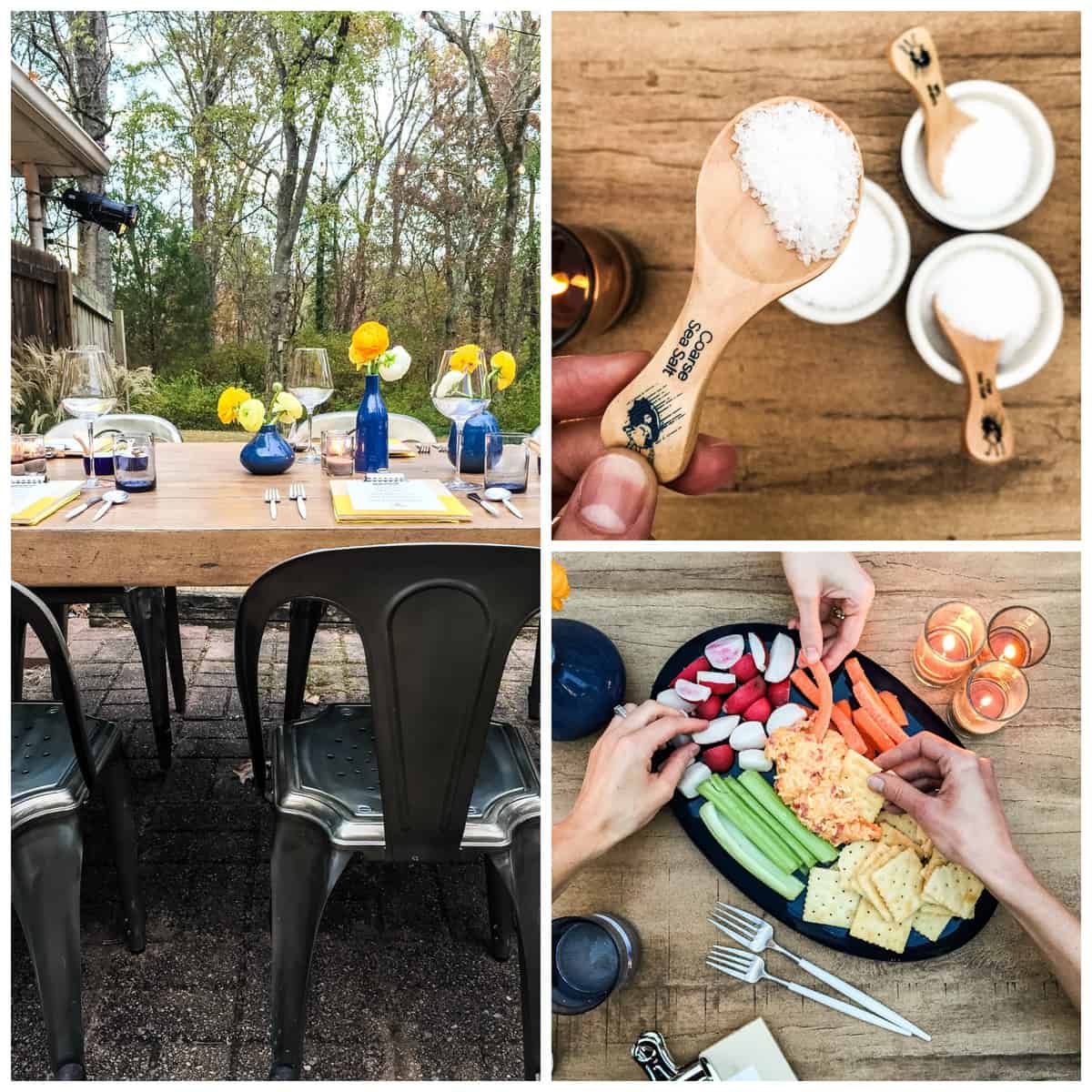 a collage of a nicely set outdoor table, a hand holding up a tablespoon of salt above bowls and more measuring spoons of salt, and hands grabbing veggies and crackers from a veggie tray.