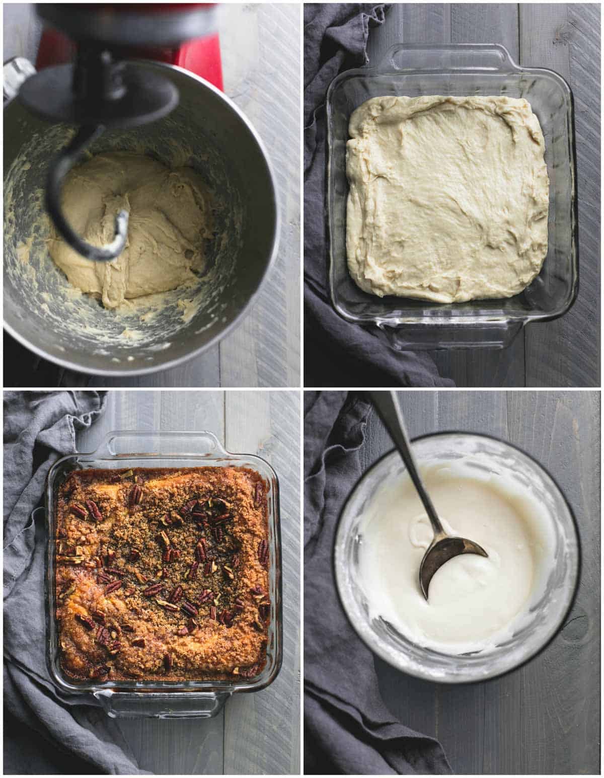 a collage of cinnamon pecan coffee cake being made.
