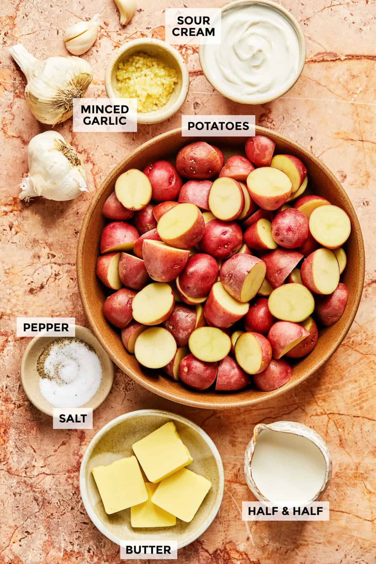 Ingredients for garlic sour cream mashed potatoes.