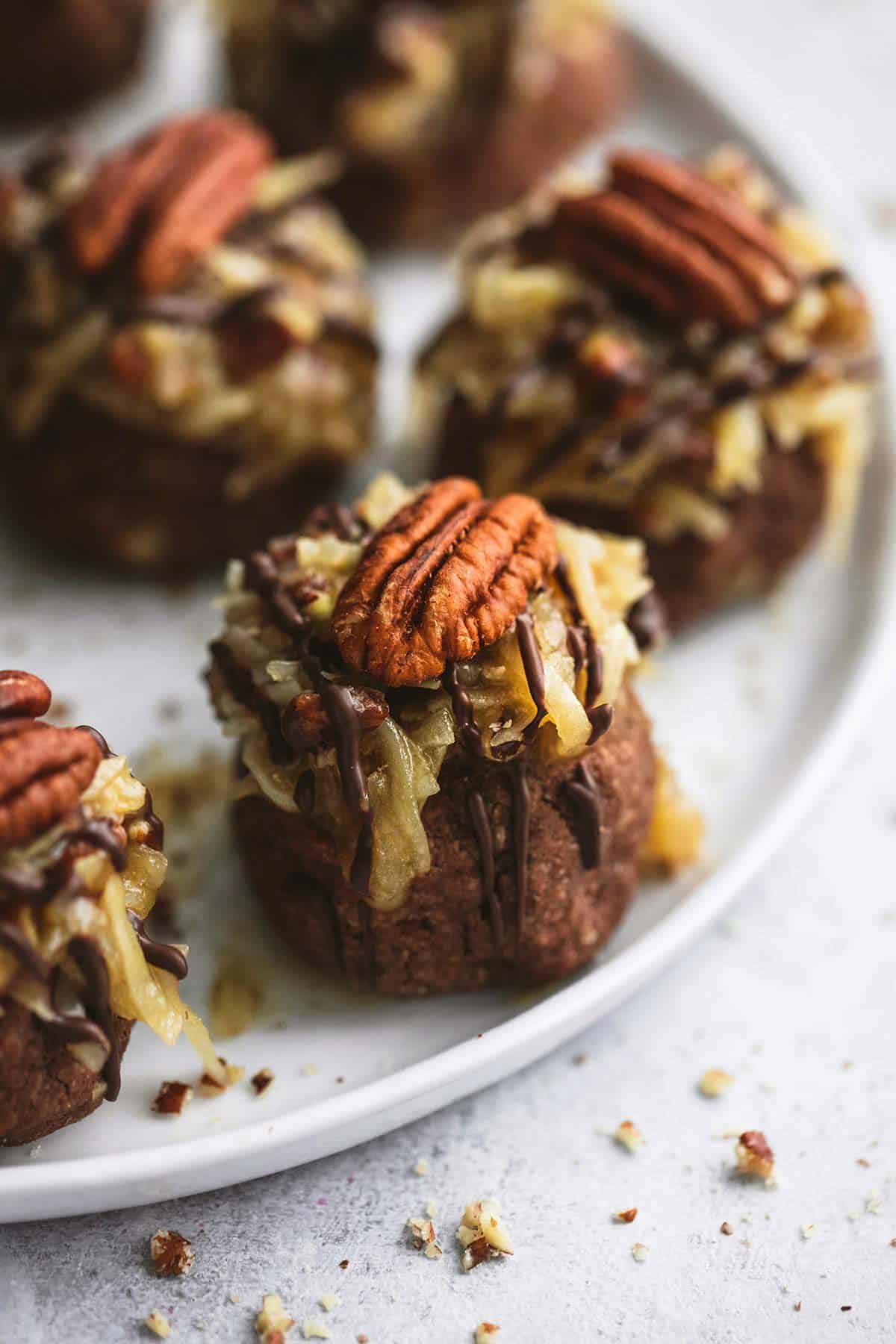 close up of German chocolate cookie balls on a plate.