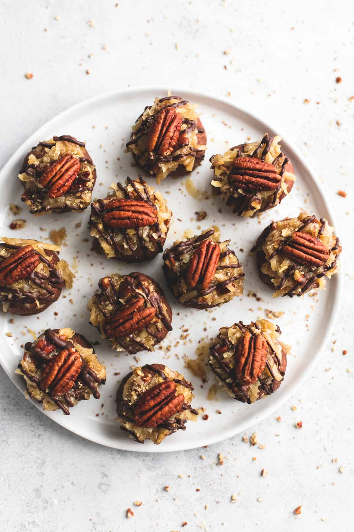 top view of German chocolate cookie balls on a plate.
