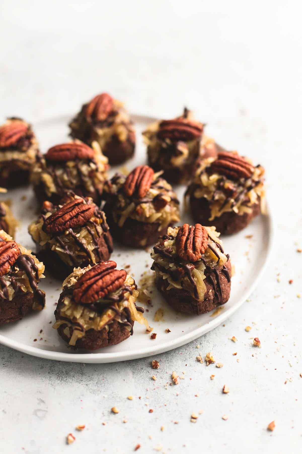 German chocolate cookie balls on a plate.