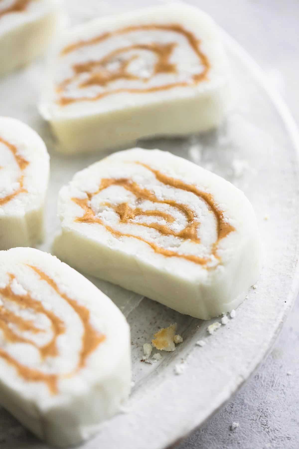 close up of old fashioned potato candy on a plate.