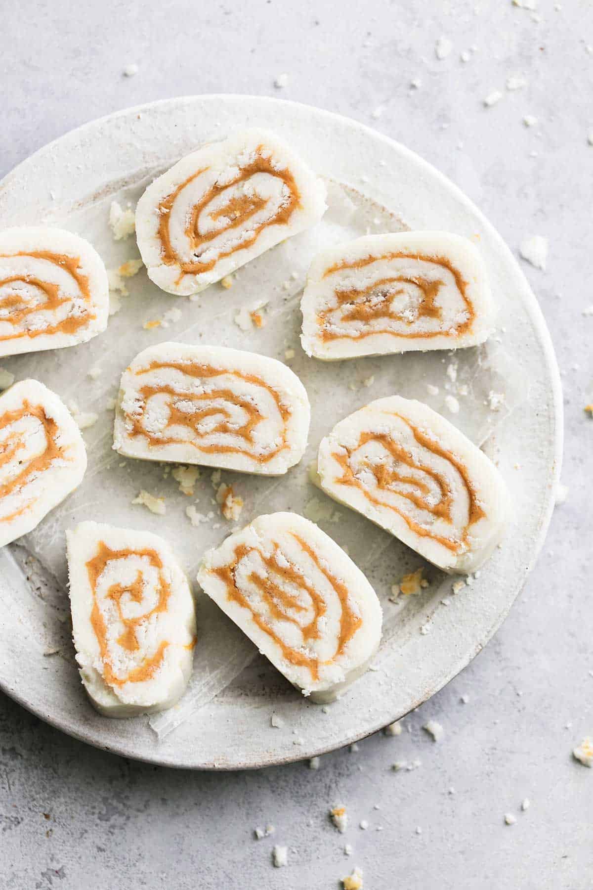 top view of old fashioned potato candy on a plate.