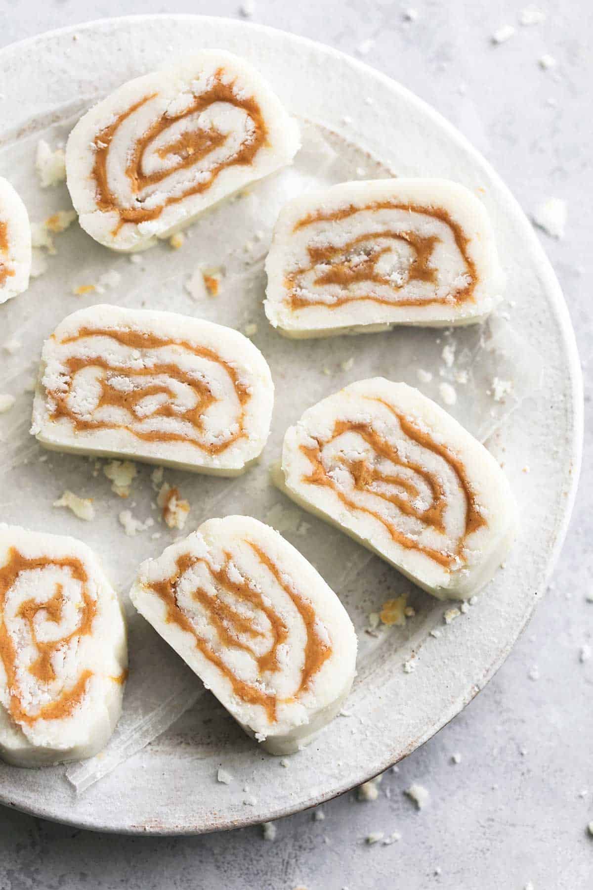 top view of old fashioned potato candy on a plate.