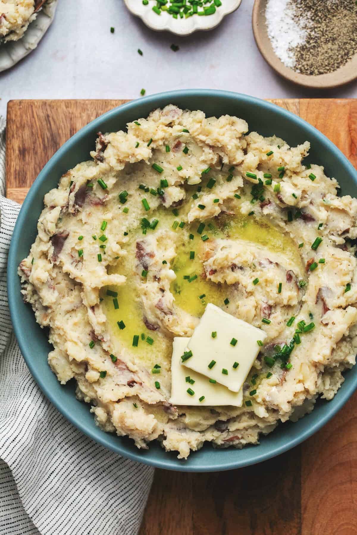 Overhead of slow cooker mashed potatoes in a bowl.