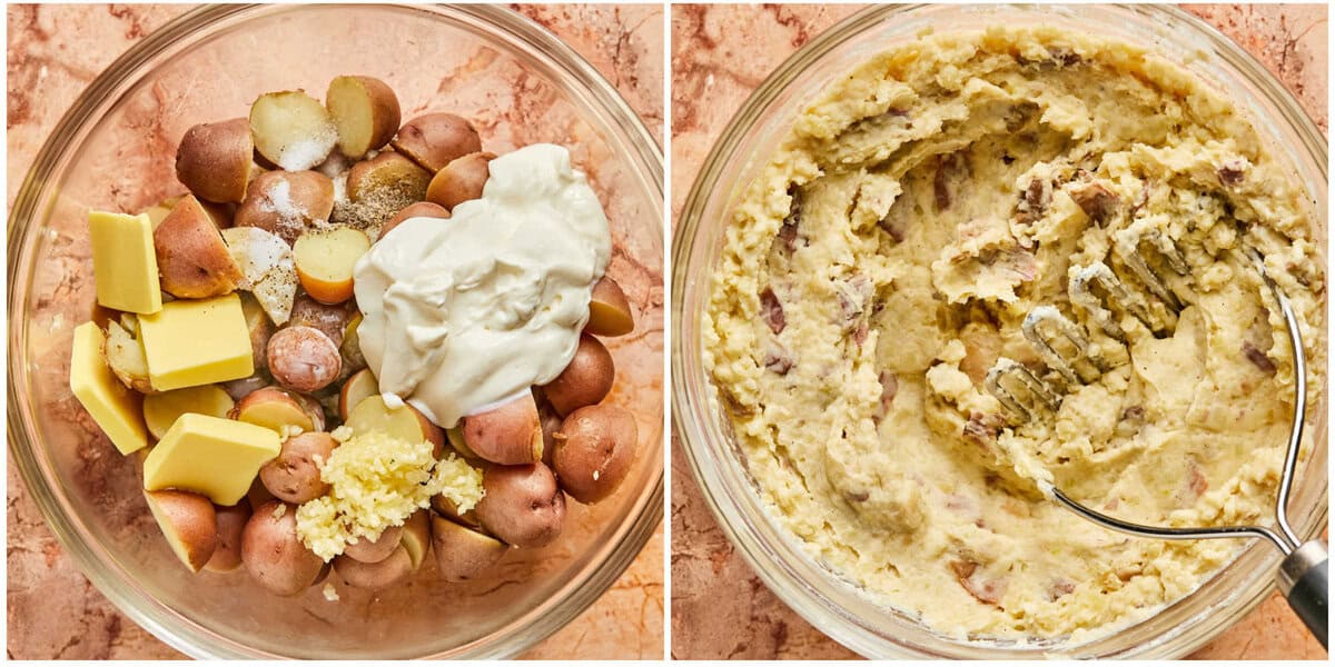Step 4 for prepping garlic sour cream mashed potatoes.