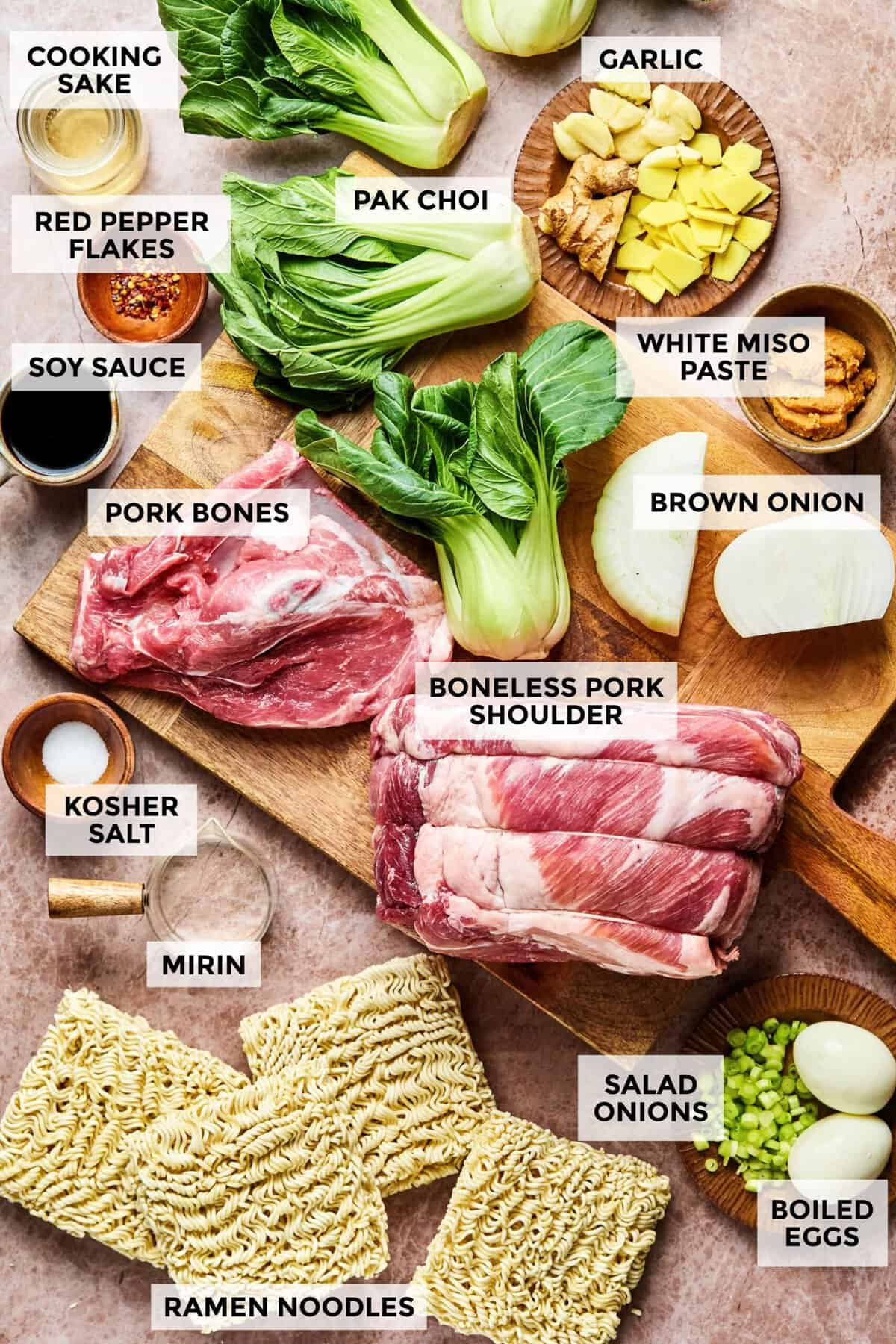 ingredients for pork ramen with homemade broth