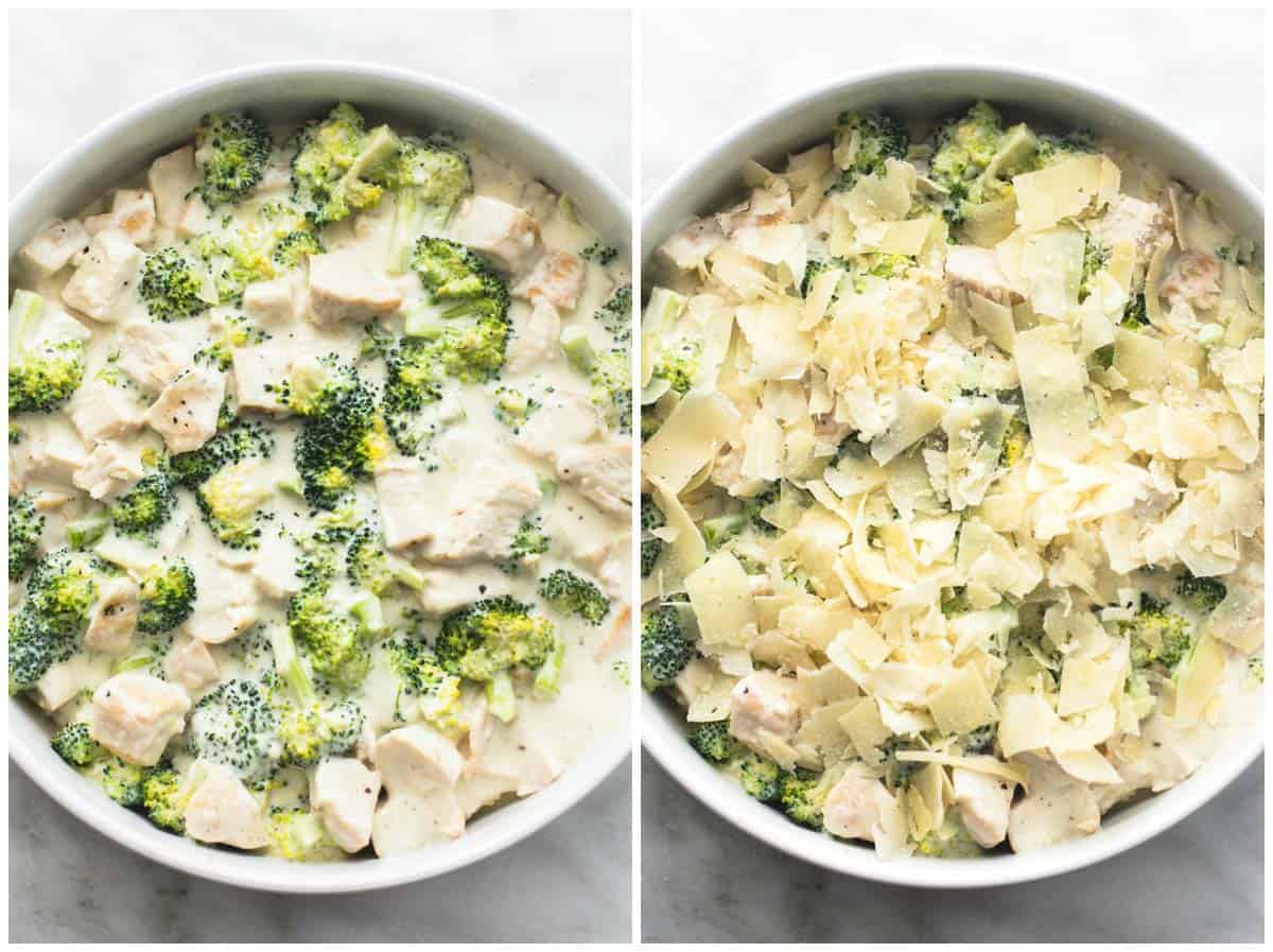 side by side images of baked chicken broccoli alfredo uncooked and cooked.