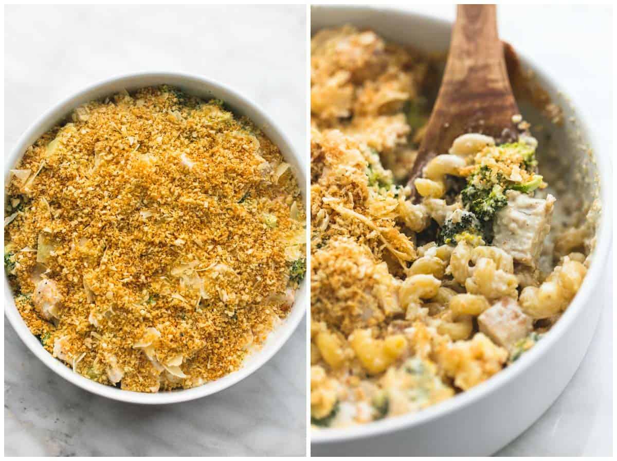 side by side images of baked chicken broccoli alfredo in a round serving tray untouched and with a wooden serving spoon dishing some out.