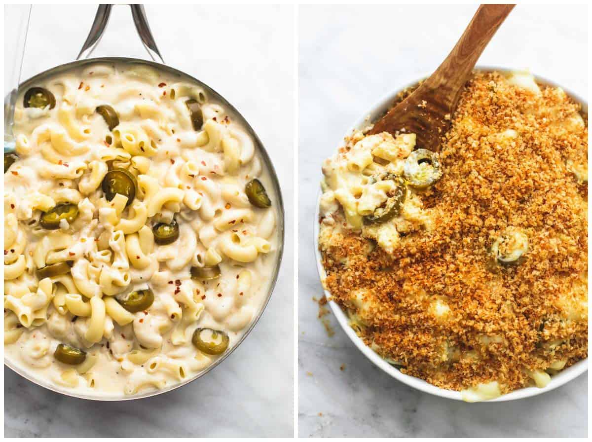 side by side images of baked jalapeño popper macaroni & cheese in a pan with topping and a wooden serving spoon and without.