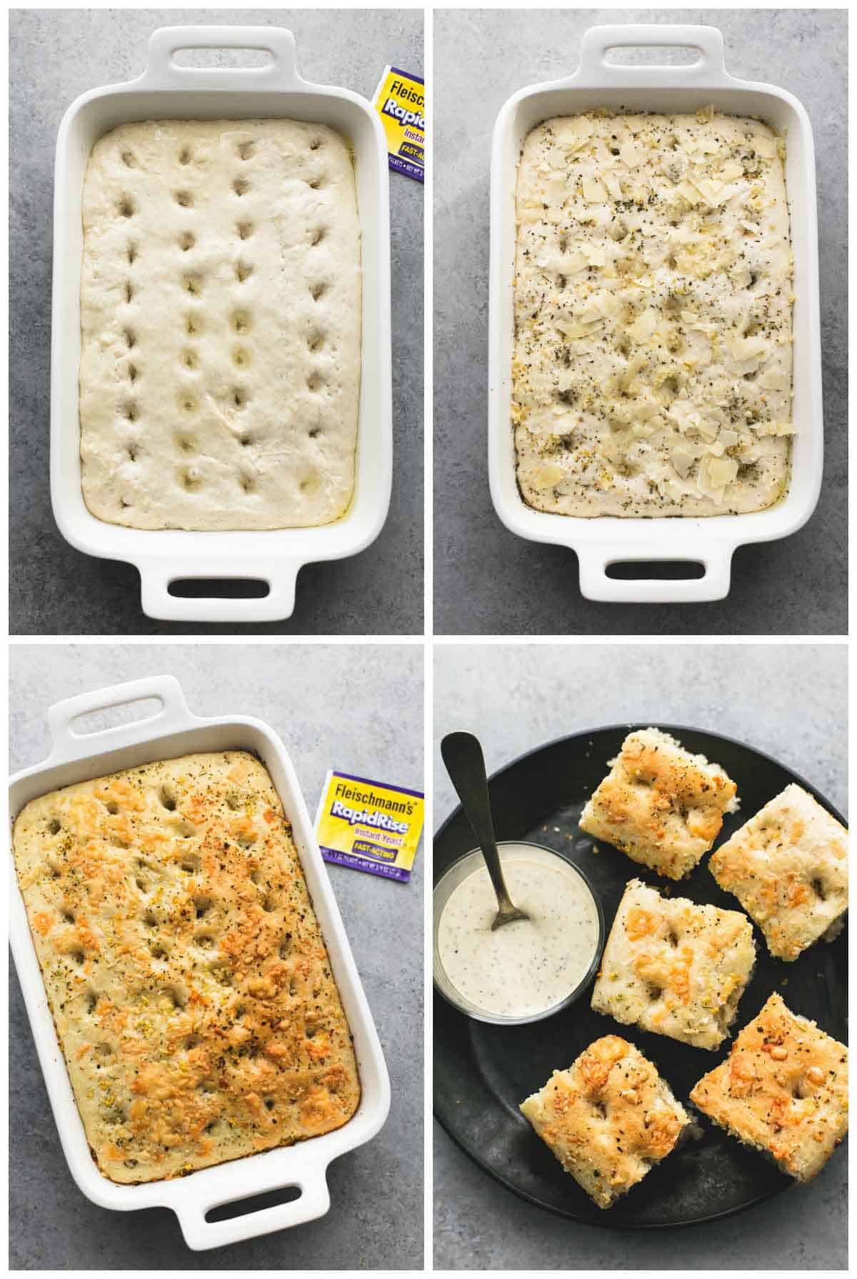 collage of focaccia bread being made.