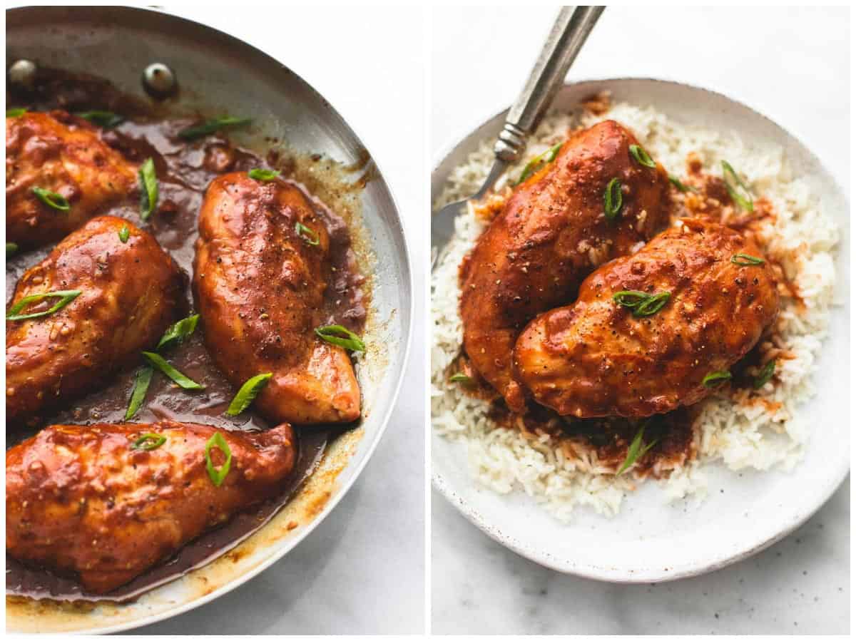 side by side images of chicken adobo in a skillet and on rice with a fork on a plate.