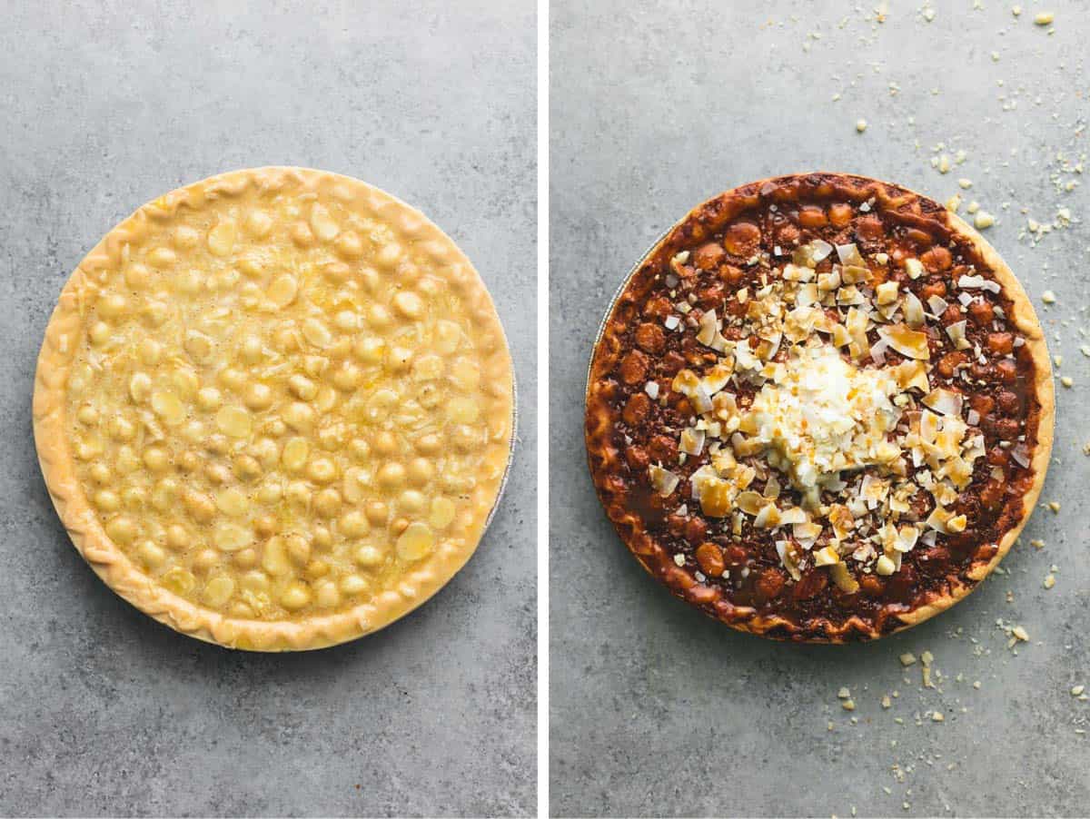 side by side images of caramel coconut macadamia nut pie unbaked and baked.