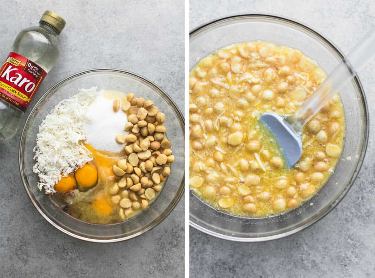 side by side images of caramel coconut macadamia nut pie ingredients unmixed and mixed in a glass bowl with a bottle of Karo corn syrup on the side.