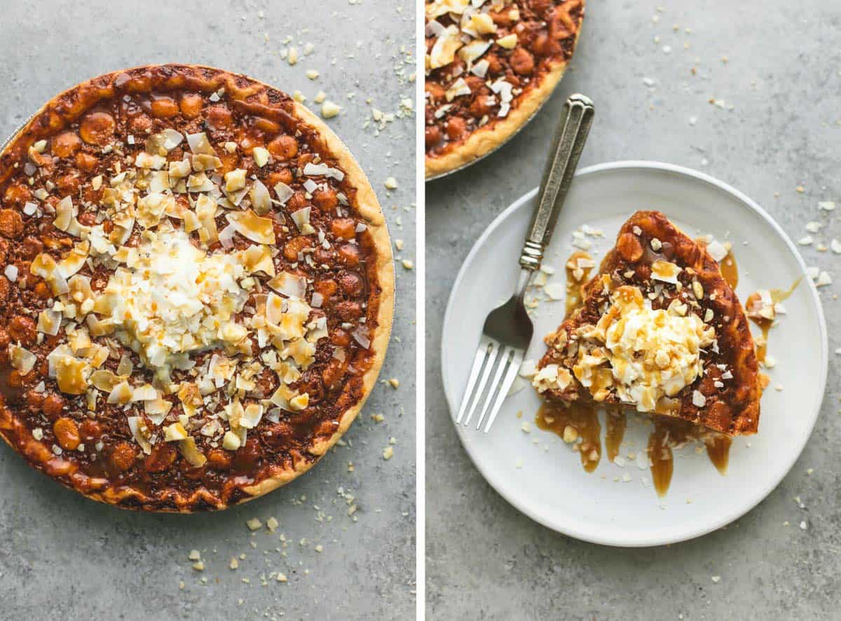 side by side images of caramel coconut macadamia nut pie and a slice on a plate.