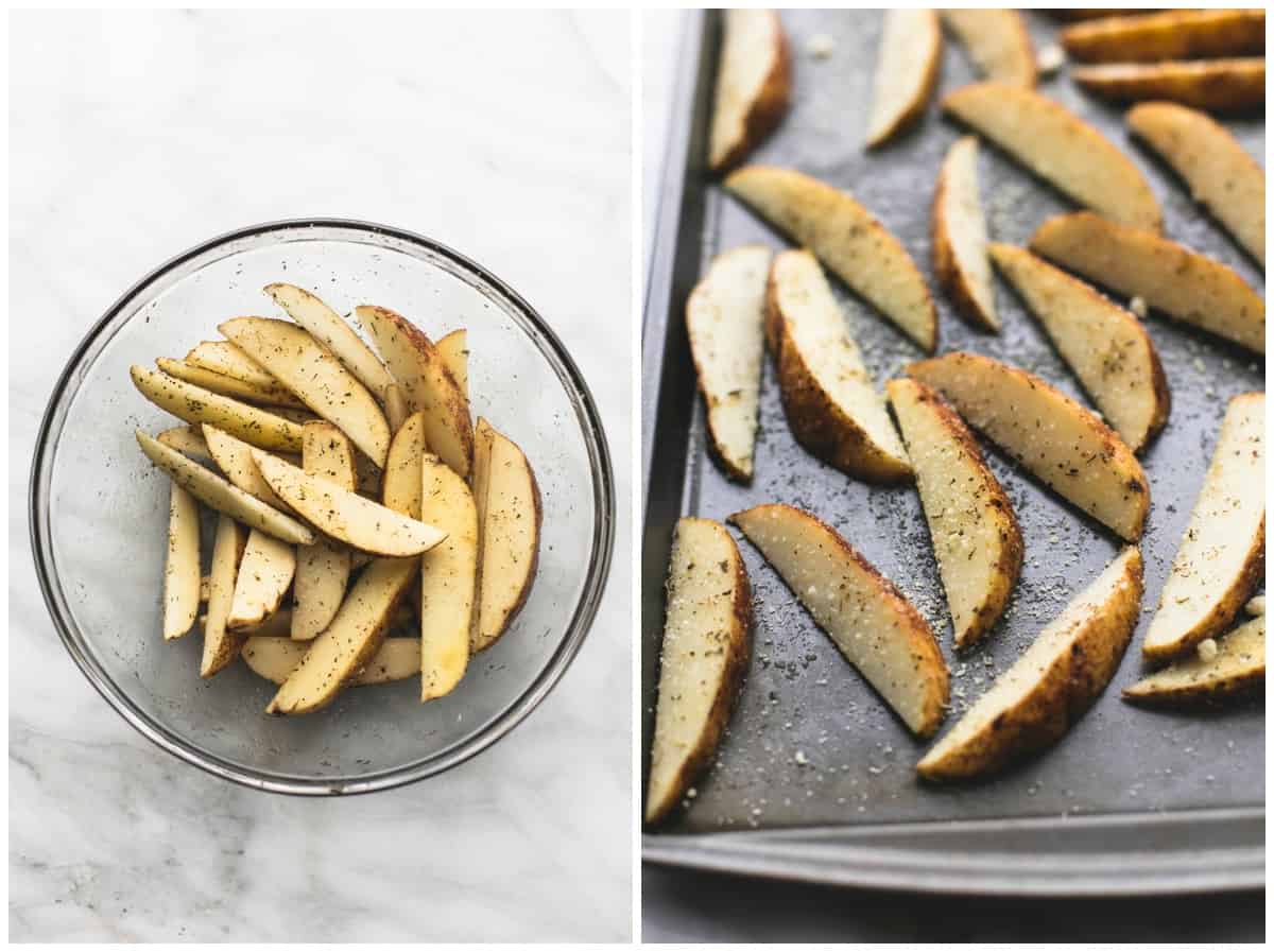 side by side images of garlic parmesan potatoes in a glass bowl and on a baking sheet.