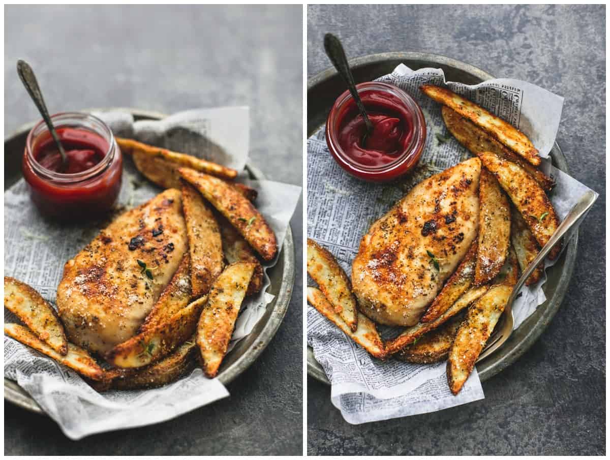 double image of garlic parmesan chicken & potatoes with ketchup and a spoon in a small jar on the side all on a round metal serving tray.