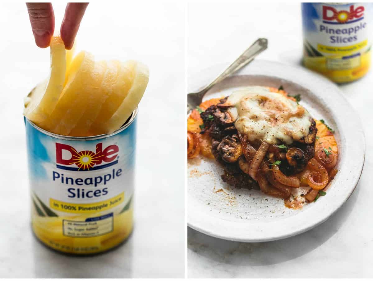 side by side images of a hand taking a pineapple slice from a Dole can and a Hawaiian hamburger steak with a fork on a plate with a Dole can of pineapple slices on the side.