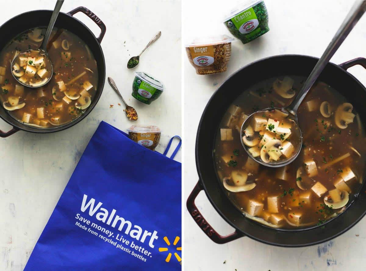 side by side images of hot & sour soup in a skillet with a serving spoon with a Walmart bag and bowls of cilantro and ginger with spoons on the side.