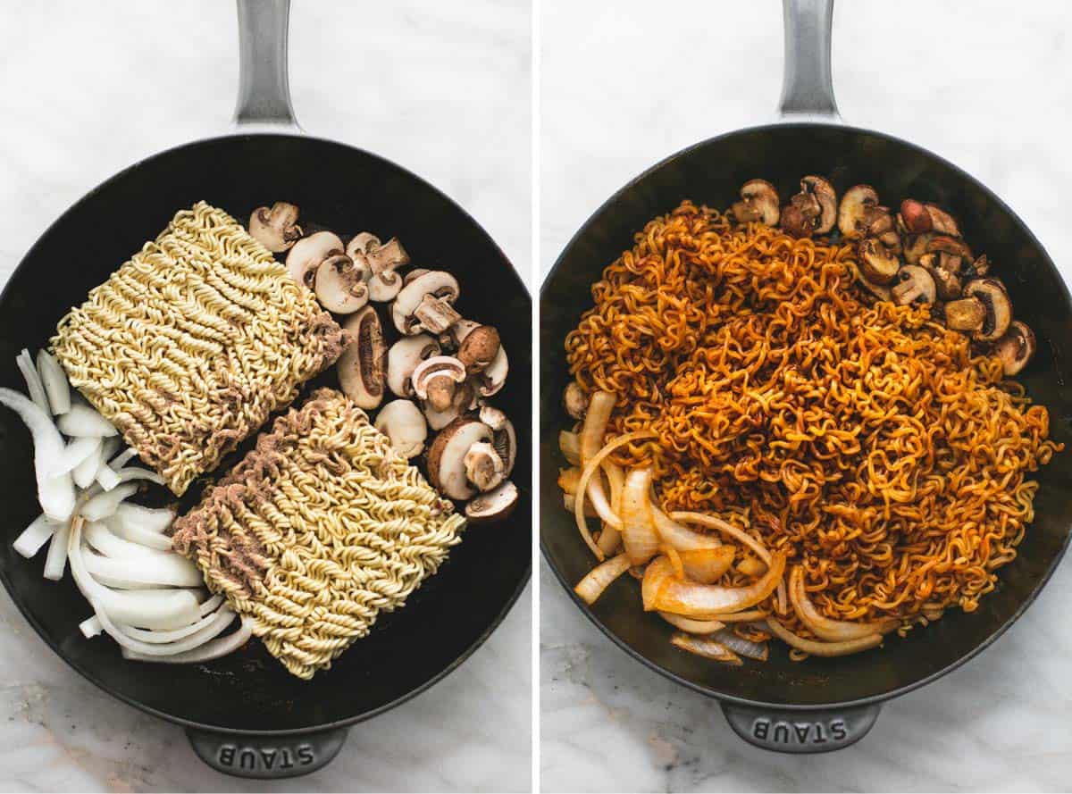 side by side images of spicy Korean beef noodles uncooked and cooked in a skillet.