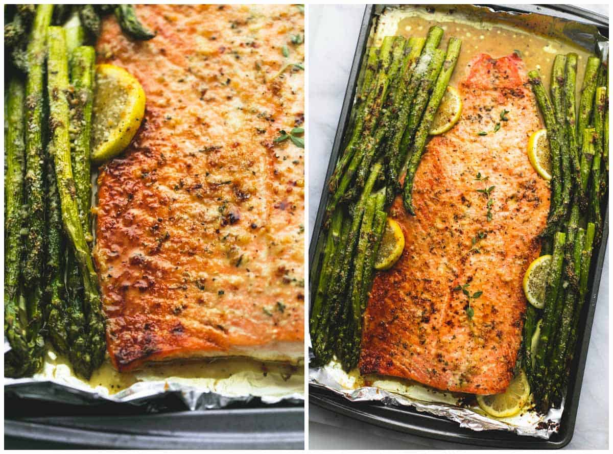 side by side images of baked lemon parmesan salmon & asparagus in foil in a baking sheet.