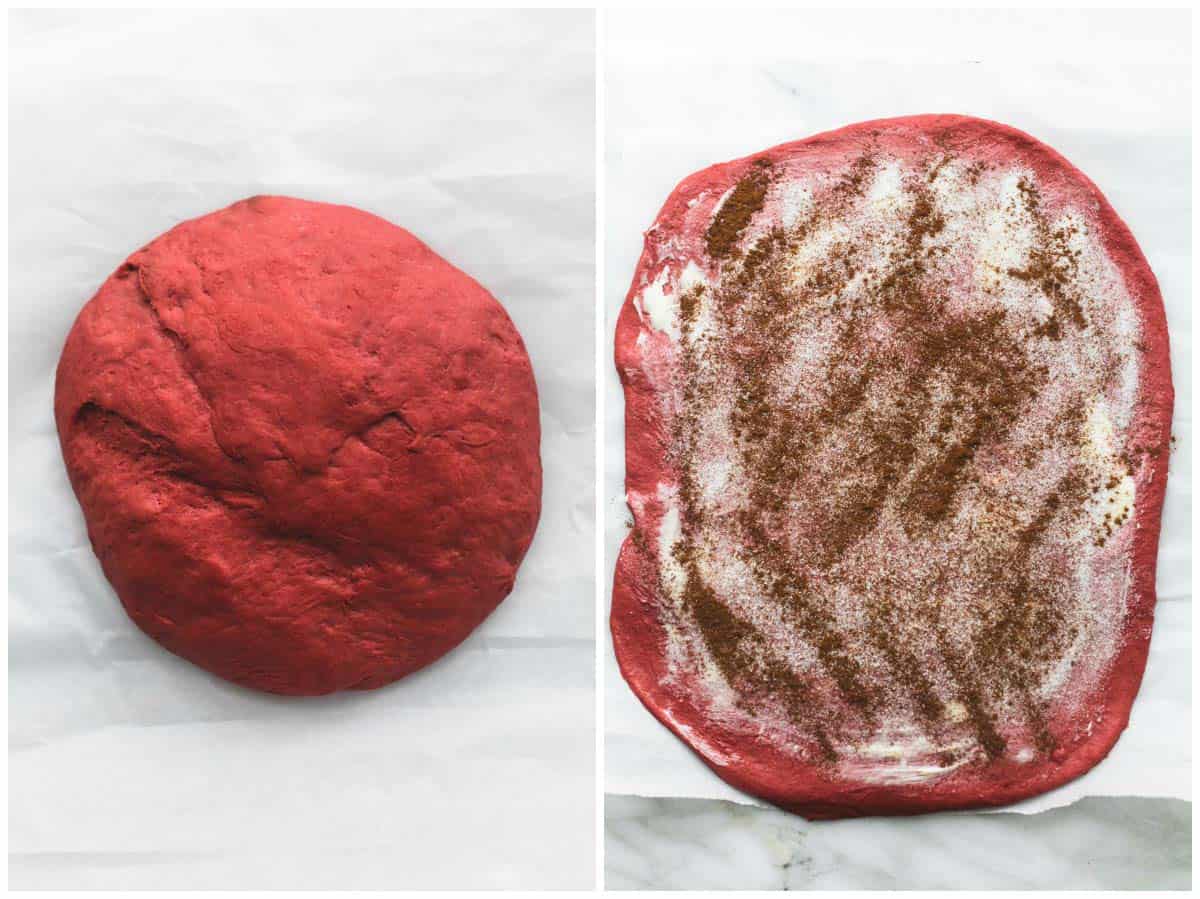 side by side images of red velvet cinnamon roll dough in a bowl and flattened with cinnamon sugar mixture on top.