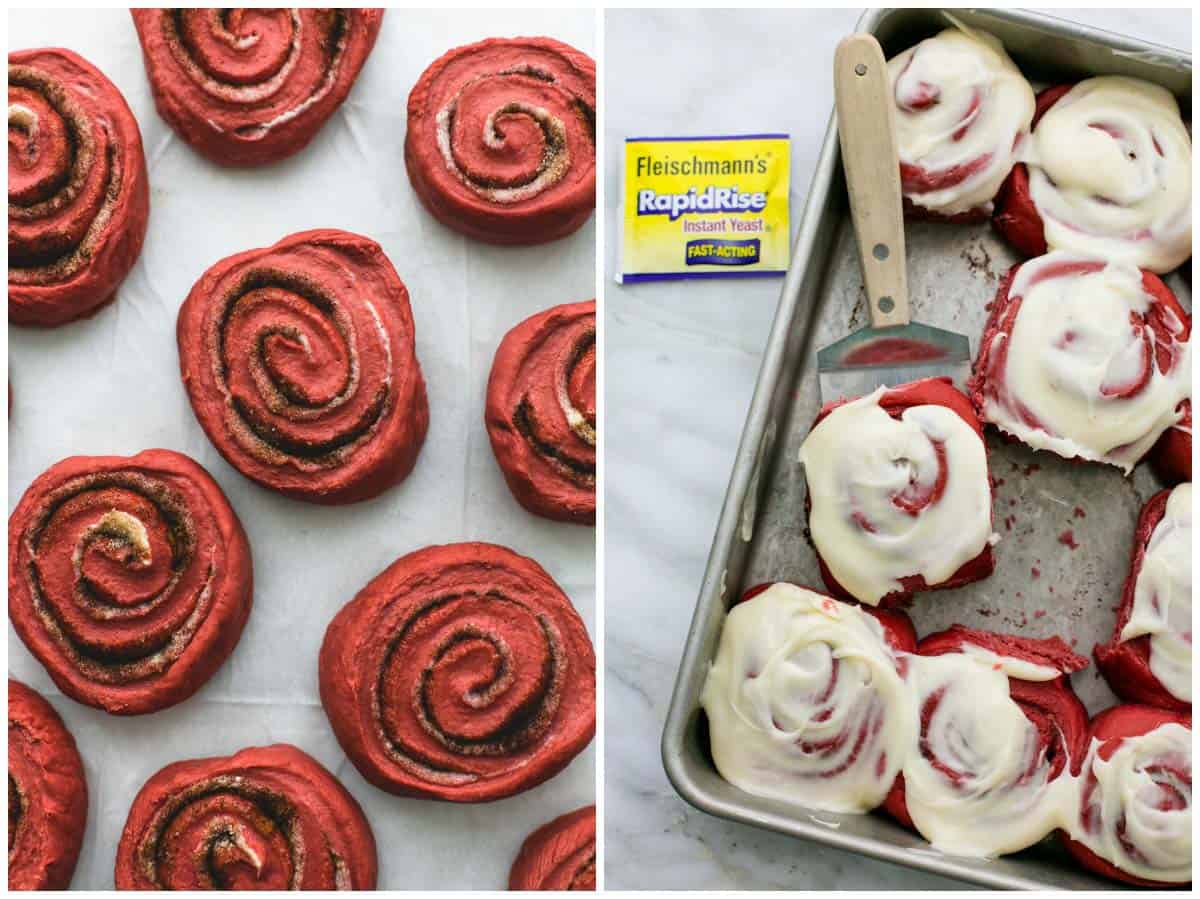 side by side images of red velvet cinnamon rolls on wax paper without frosting and on a baking sheet with one on a spatula frosted.