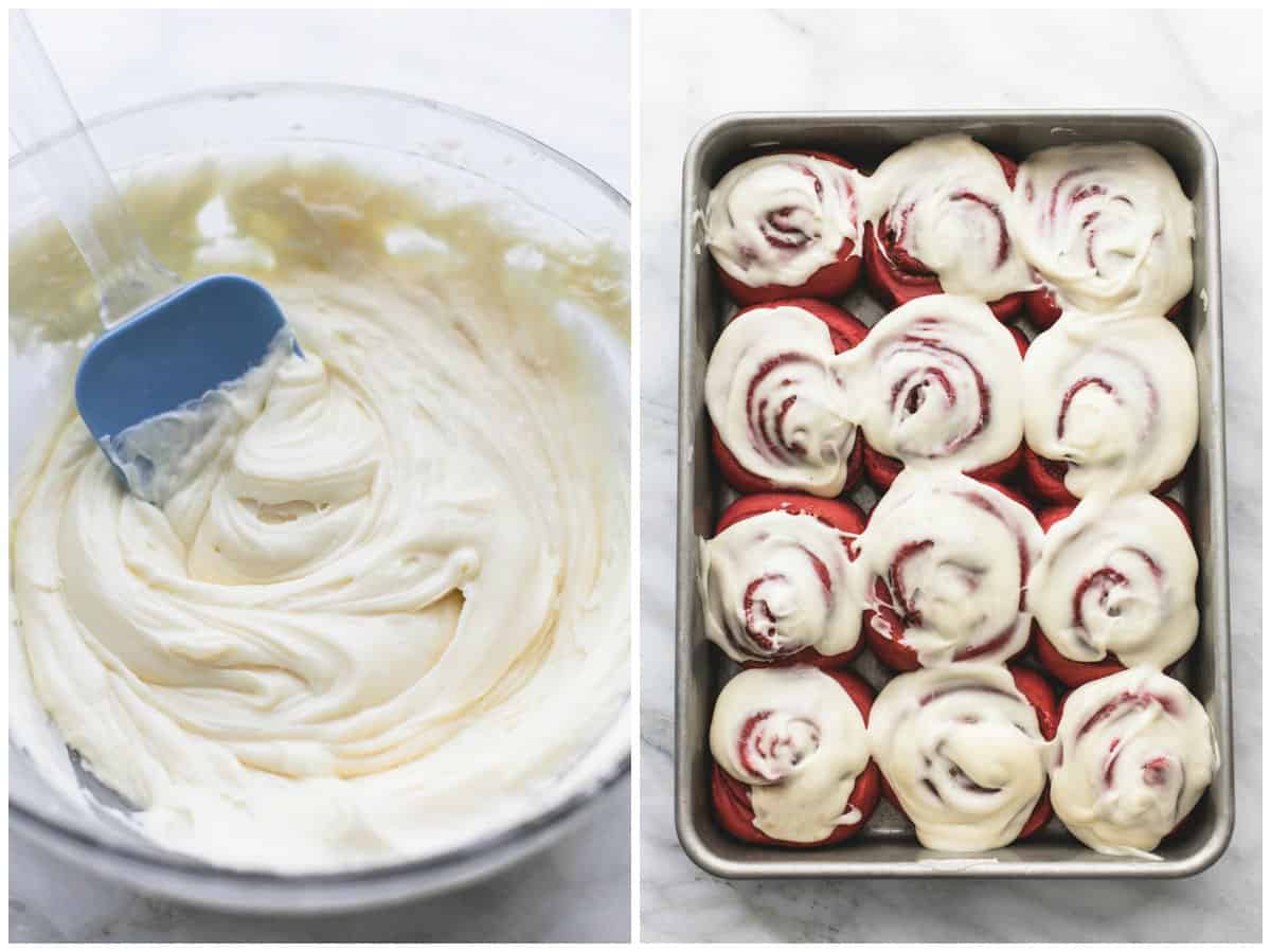 side by side images of red velvet cinnamon rolls with brown butter cream cheese frosting on a baking sheet and frosting with a rubber spatula in a glass bowl.