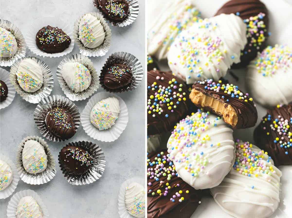 side by side images of copycat Reese's creamy peanut butter eggs in cupcake liners and in a pile with the top one missing a bite.